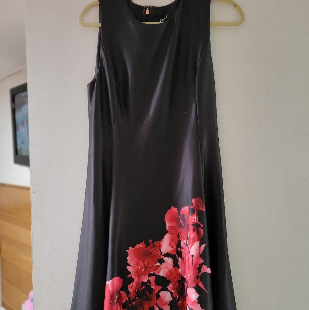 DKNY Black Dress with Red Floral Accents